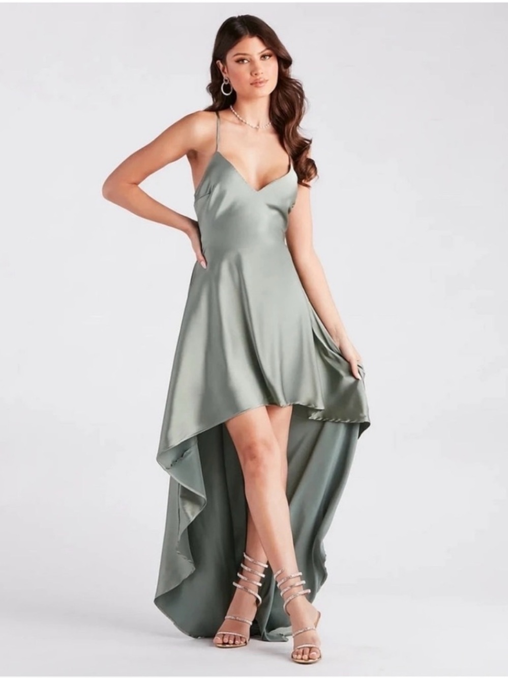 Windsor Jolie Ruffled High-Low Satin Formal Dress Sage Green Size M